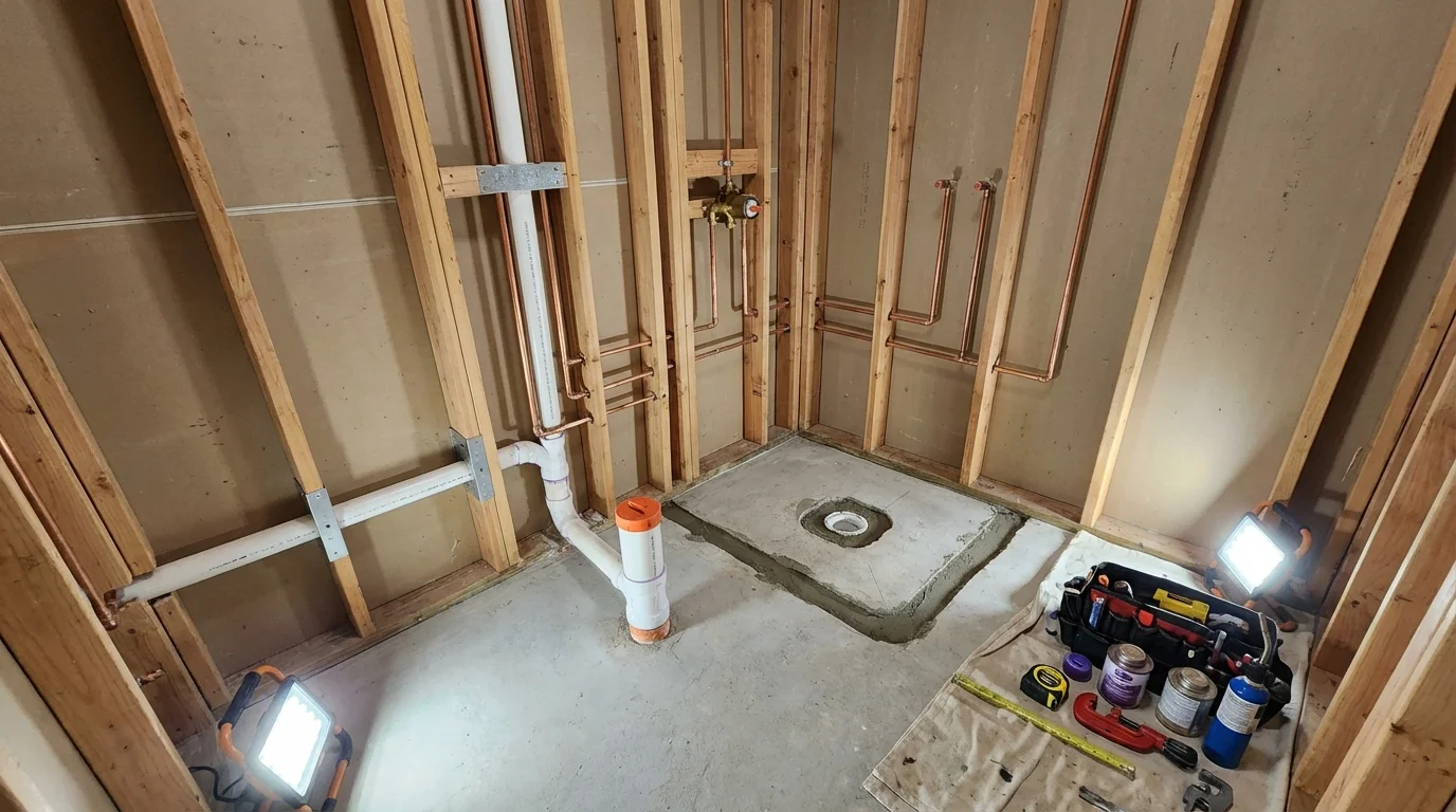 Bathroom rough-in plumbing during remodel by Johns Plumbing LLC in Scott Air Force Base