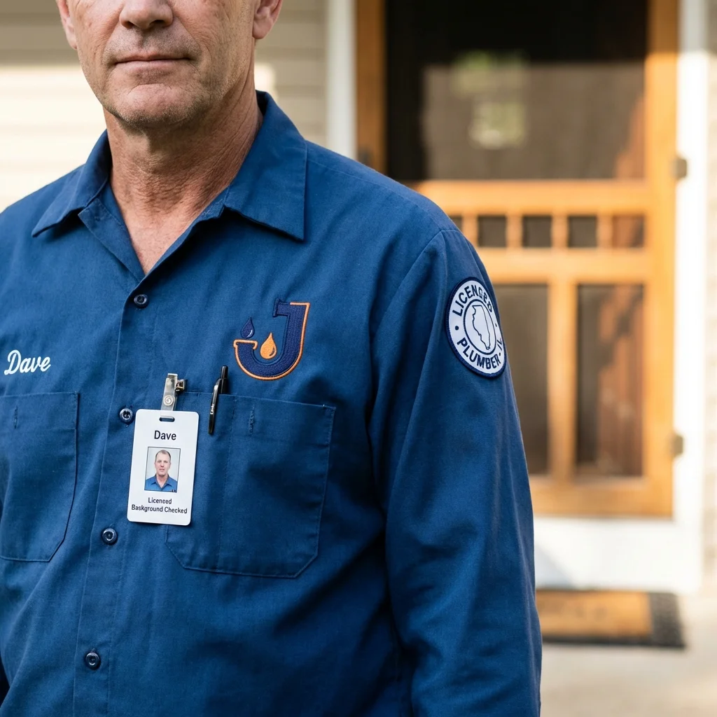 Licensed plumber showing ID badge in Scott Air Force Base, IL