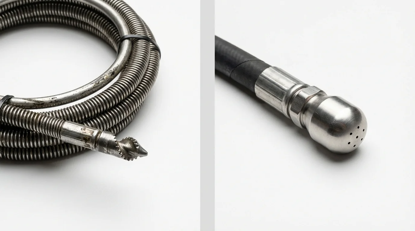 Drain snake cable and hydro jetting nozzle used for drain cleaning in Scott Air Force Base, IL