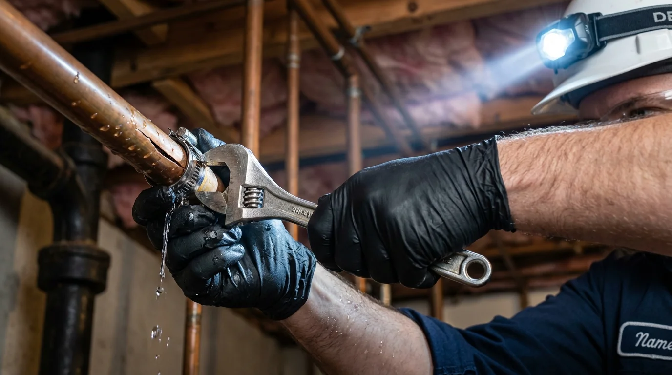 Emergency pipe clamp repair being performed by a Johns Plumbing LLC plumber in Scott Air Force Base