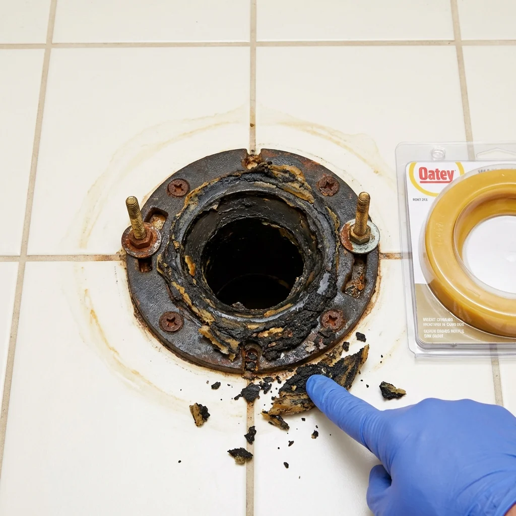 Failed wax ring showing water seepage at the base of a toilet in a Scott Air Force Base, IL home