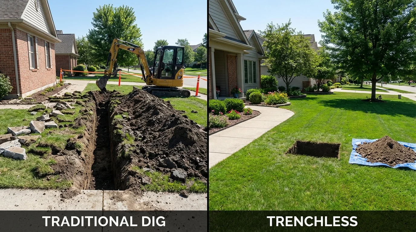 Trenchless sewer repair with minimal yard damage versus traditional excavation in Scott Air Force Base, IL