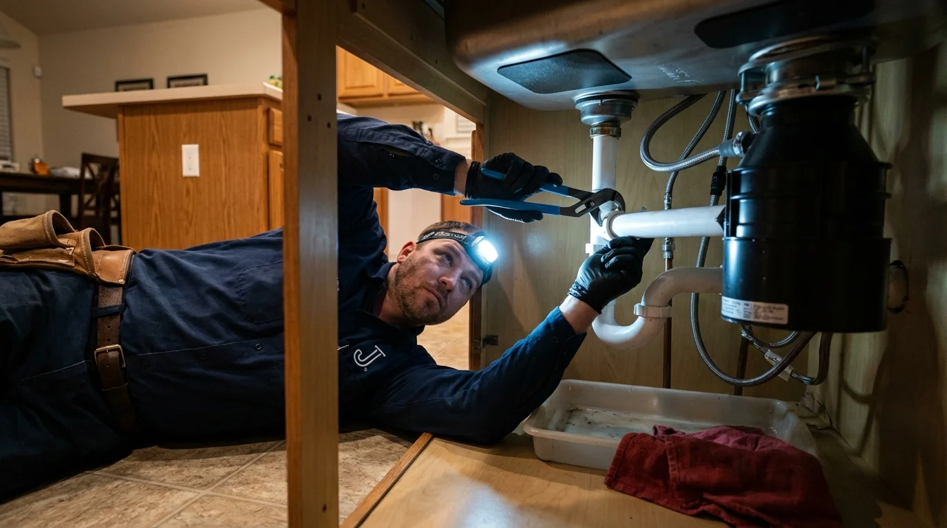 P-trap and supply line connections under a kitchen sink showing a common leak point in Scott Air Force Base, IL